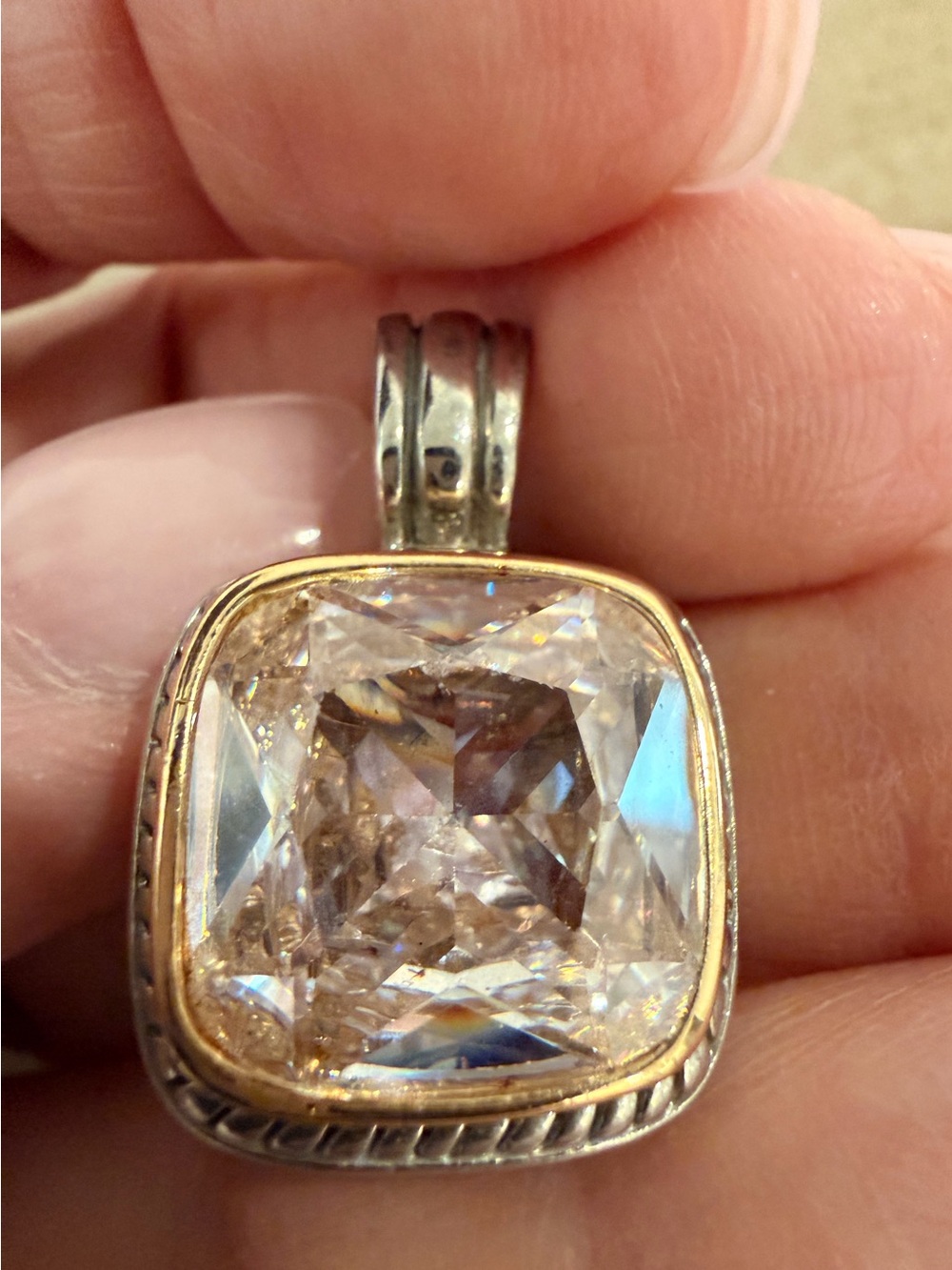 Silver and Gold Cushion-Cut Clear Crystal Pendant